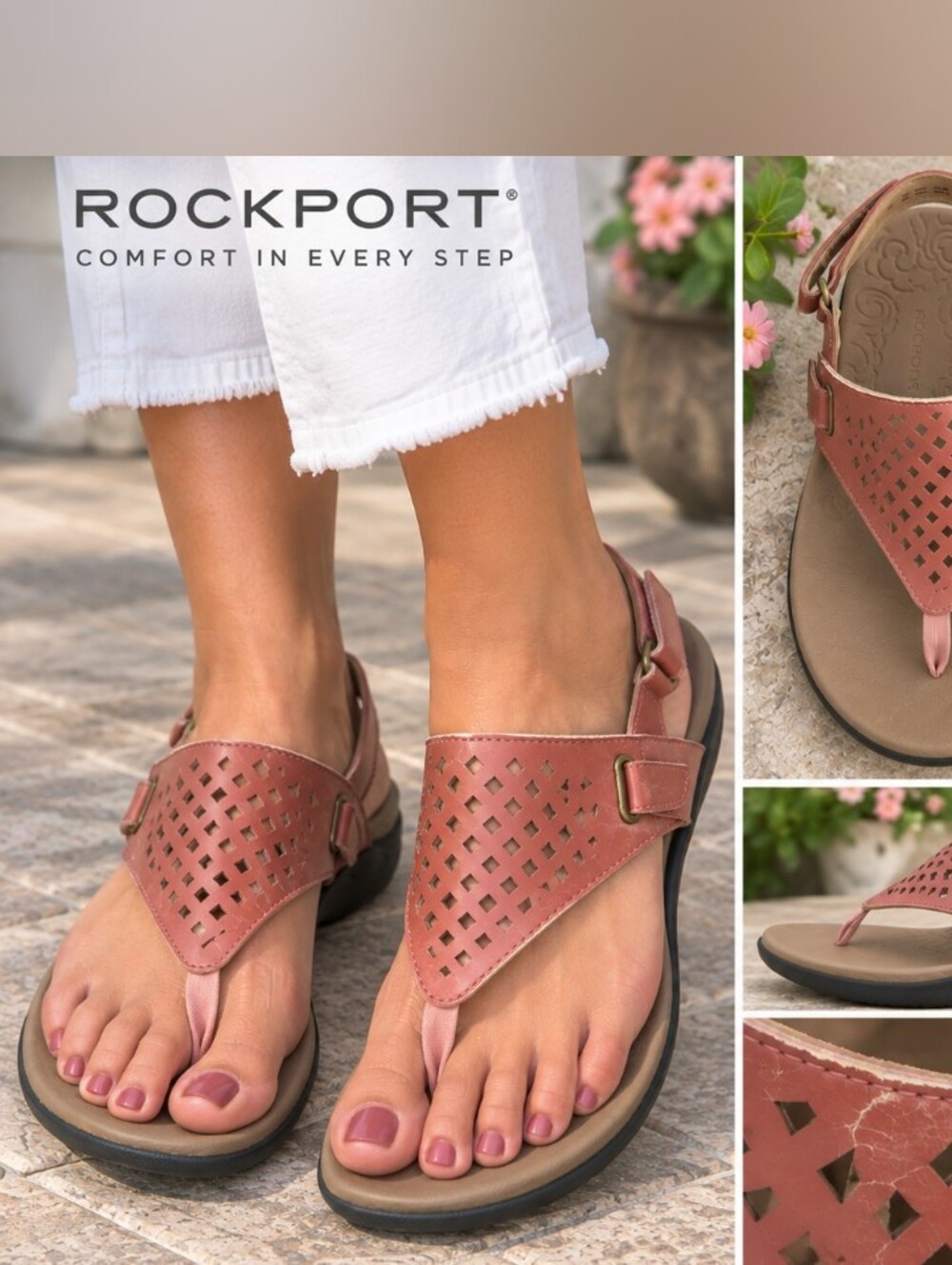 Rockport Women’s 6.5 Terracotta Cutout Thong Comfort Sandals